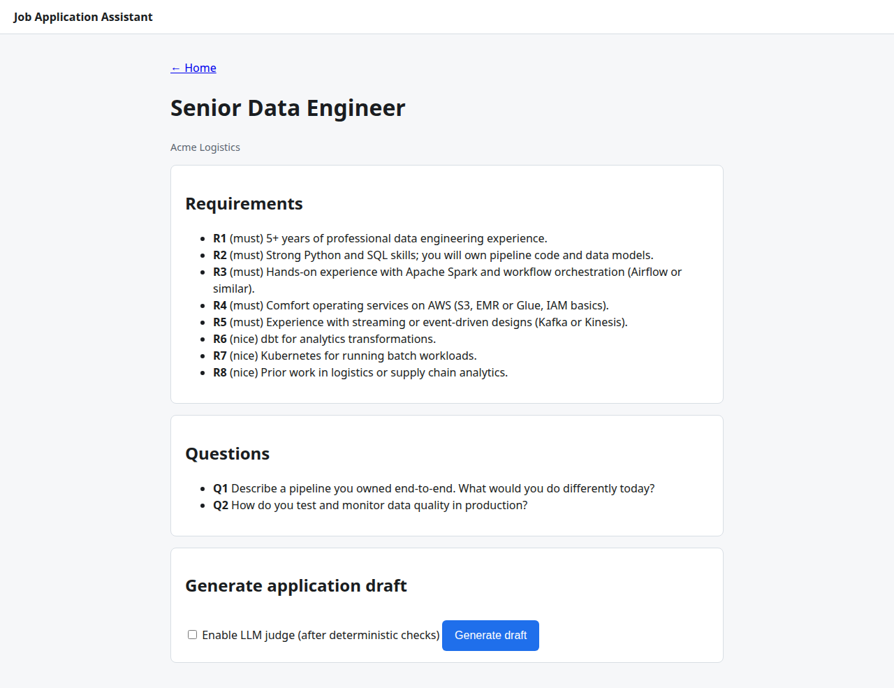 Job page for the fictional Senior Data Engineer role at Acme Logistics: eight requirements, two questions and a Generate draft button