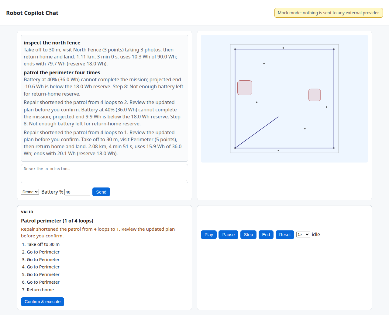 Robot Copilot Chat in mock mode: chat history showing the 40% perimeter patrol shortened by two repairs, a valid plan titled Patrol perimeter (1 of 4 loops) with a review notice, and the farm map with keep-out zones