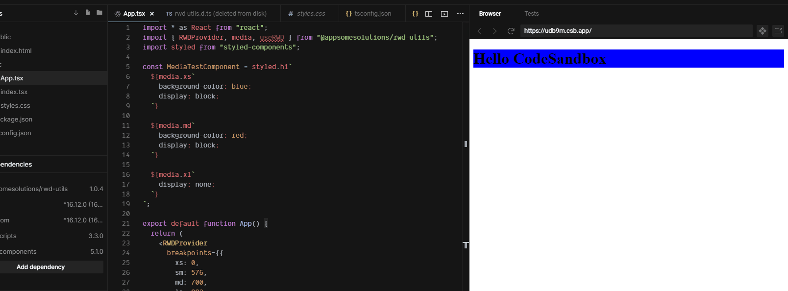 screen resized from mobile to desktop, first background color is blue, after reaching mobile breakpoint changes to red, after reaching desktop disappears alt text