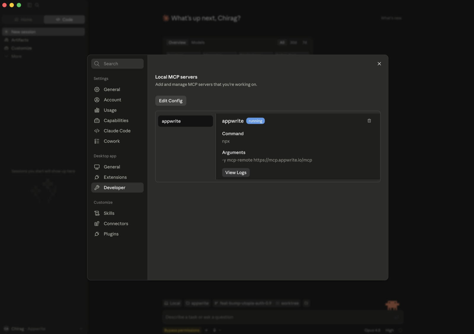 Appwrite server running under Local MCP servers in Claude Desktop
