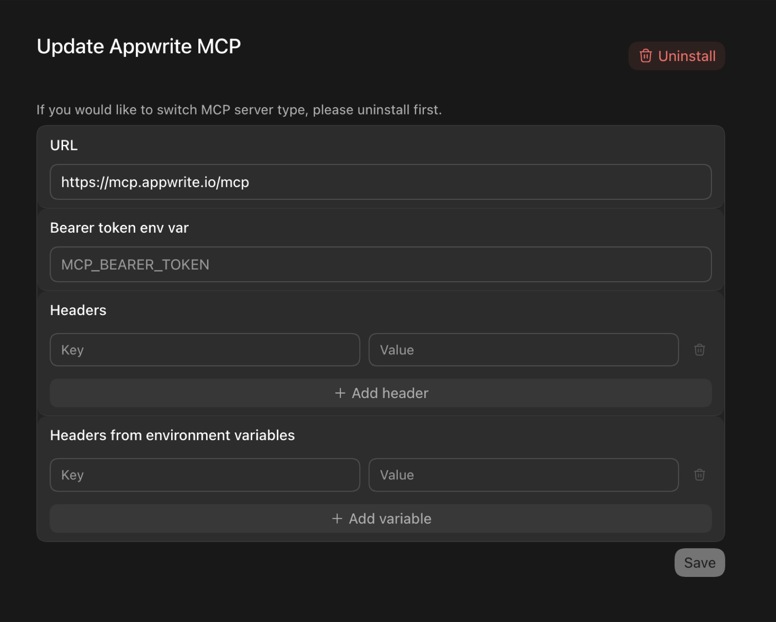 Appwrite MCP server settings in the Codex GUI