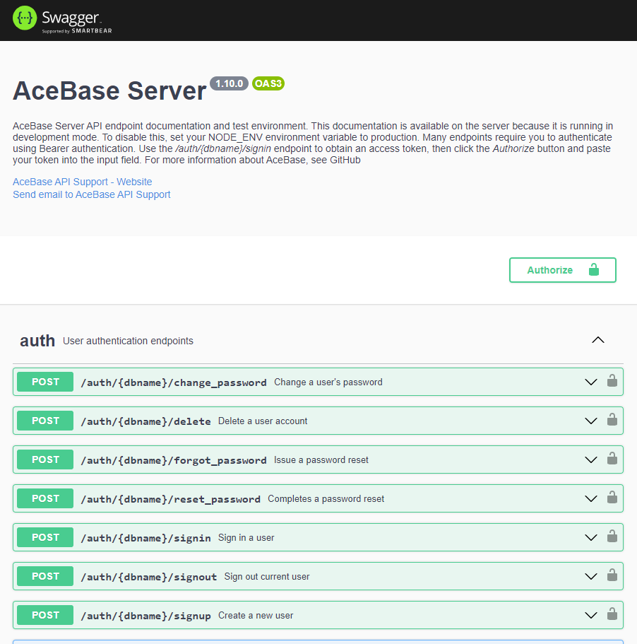 AceBase server Swagger UI