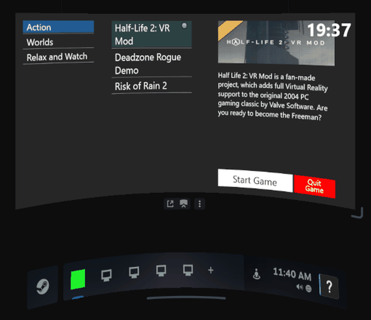 In-headset game menu with categories, cover art, Start Game and the time left