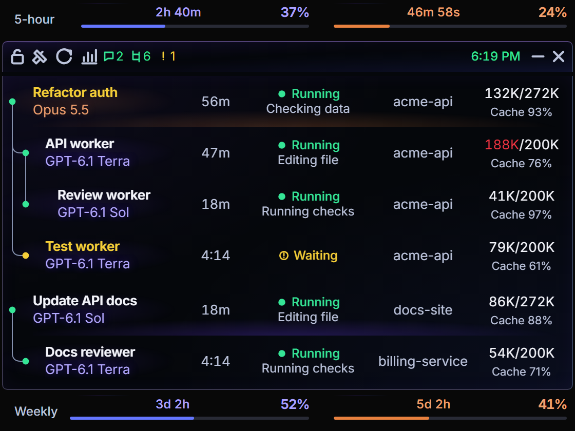 Expanded widget: a Claude chat with nested Codex jobs and a waiting question