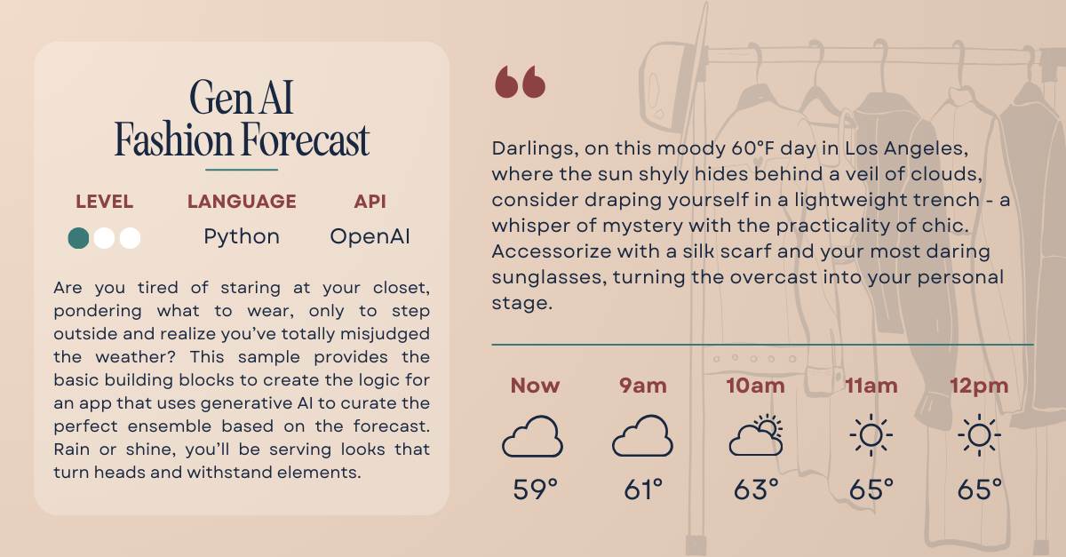 An image of an app mock-up for the Fashion Forecast app. An outfit suggestion is provided as well as the hourly forecast.