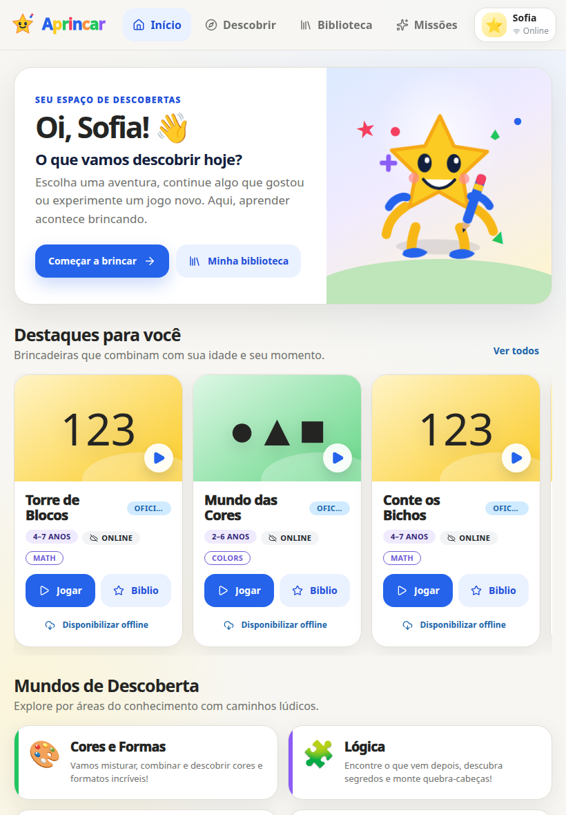 Tela inicial do Aprincar V1 em tablet