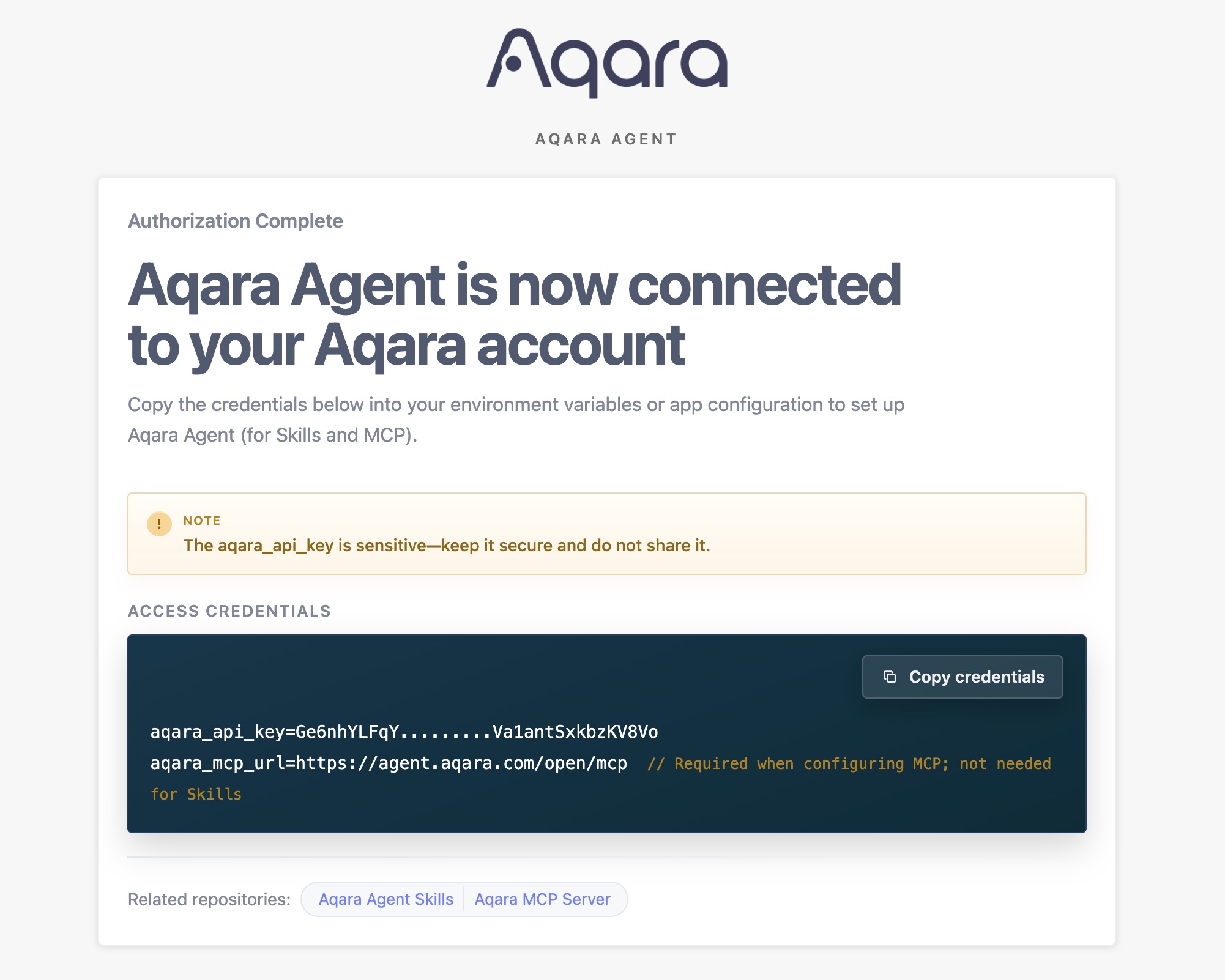 Configuration information after Aqara Agent sign-in