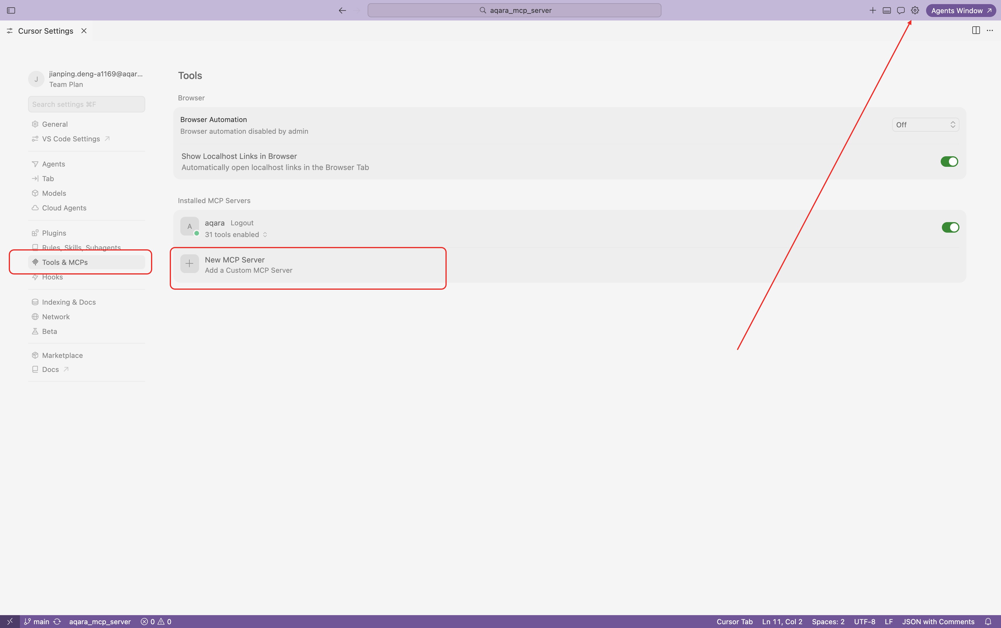 Cursor MCP settings entry