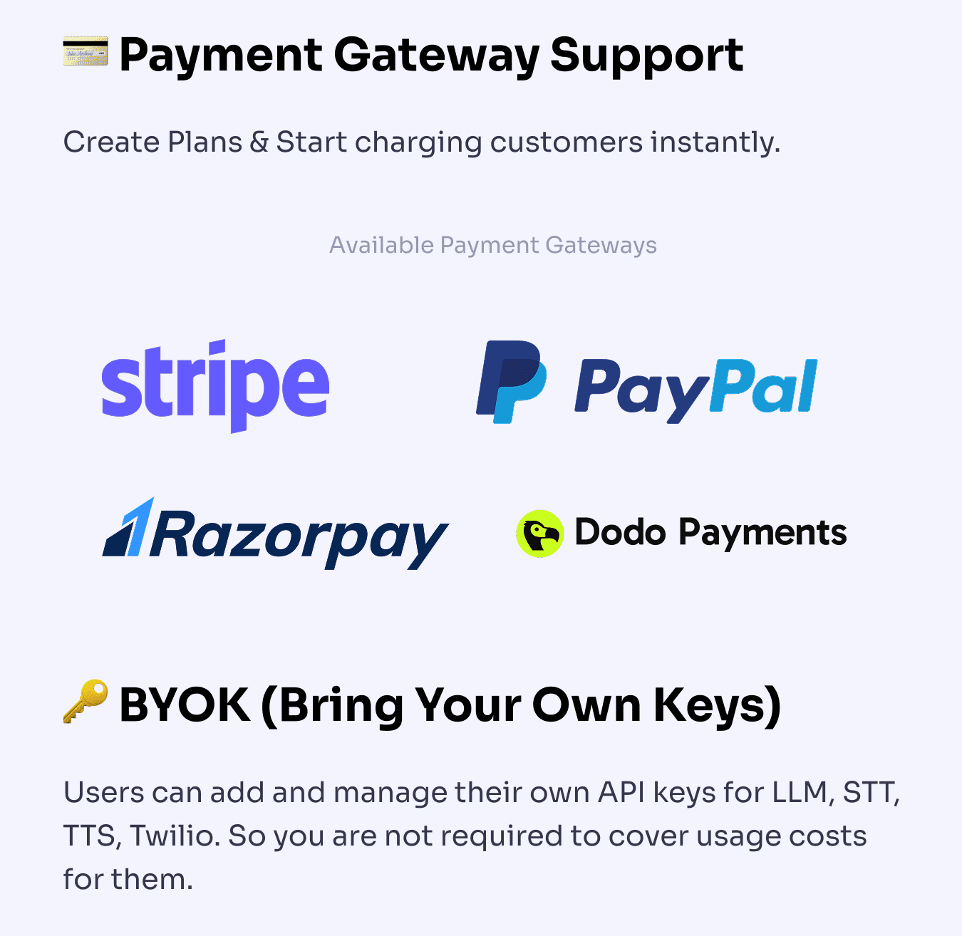 Feature: Payment Gateway Support, BYOK (Bring Your Own Keys)