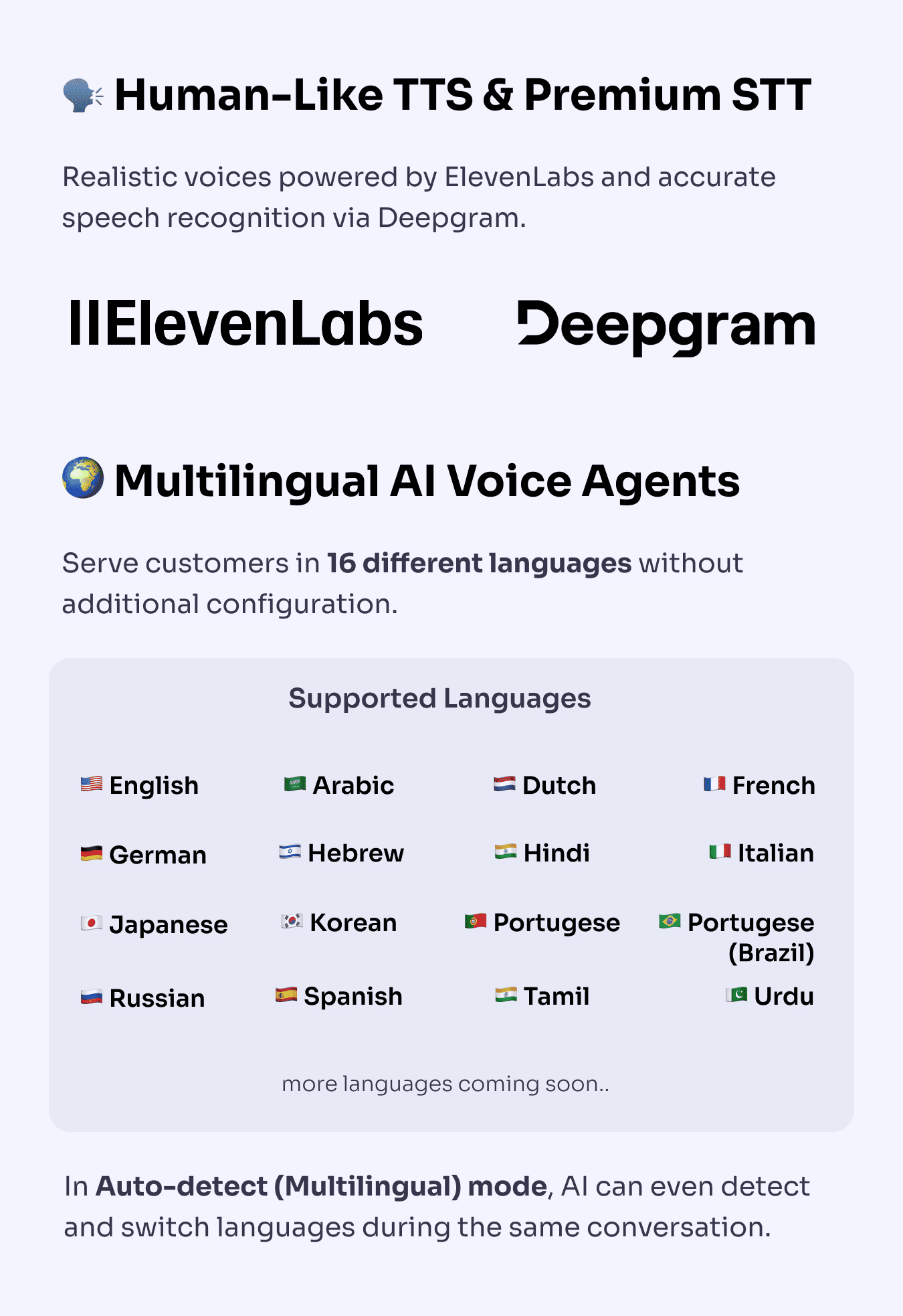 Feature: Human-Like TTS & Premium STT, Multilingual AI Voice Agents