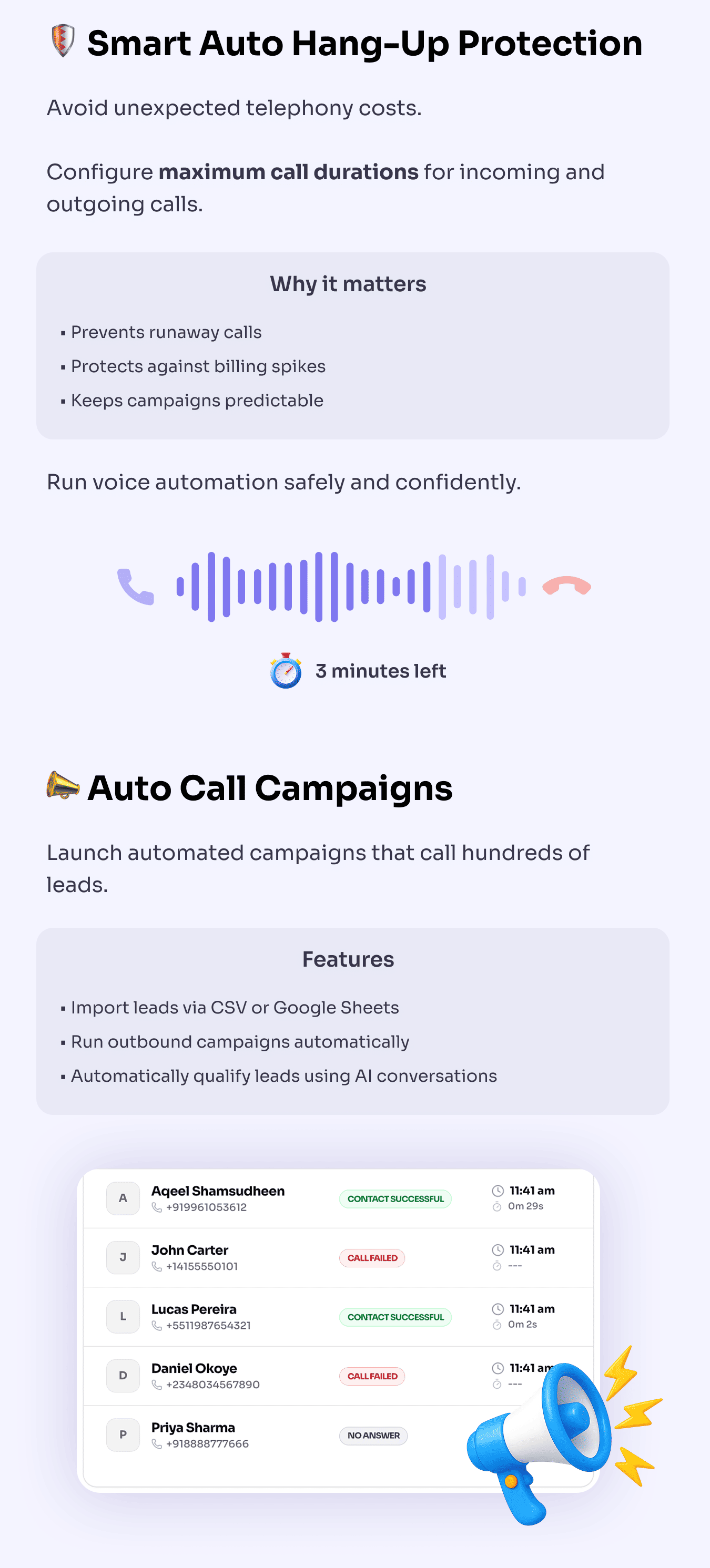 Feature: Smart Auto Hang-Up Protection, Auto Call Campaigns