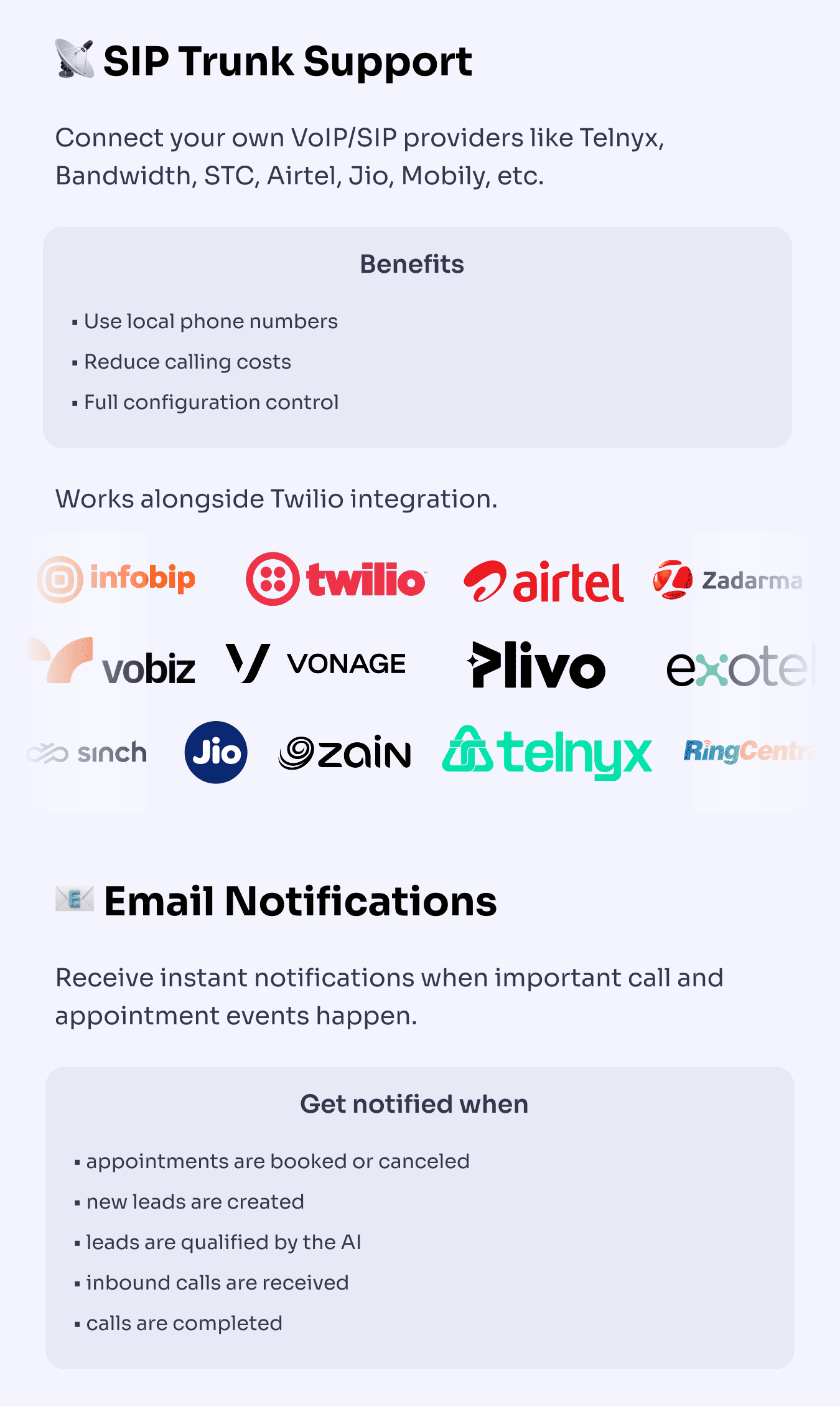 Feature: SIP Trunk Support, Email Notifications
