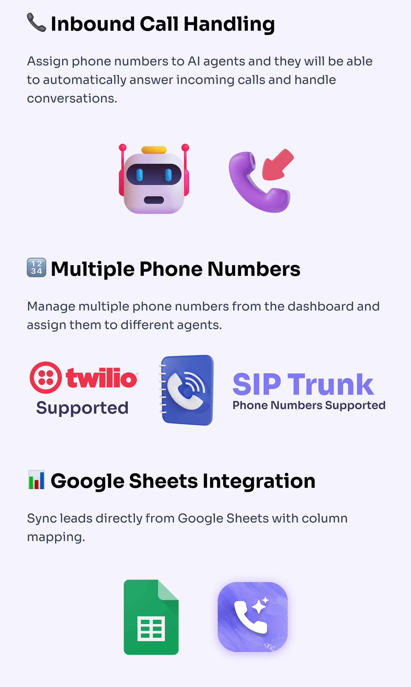 Feature: Inbound Call Handling, Multiple Phone Numbers, Google Sheets Integration