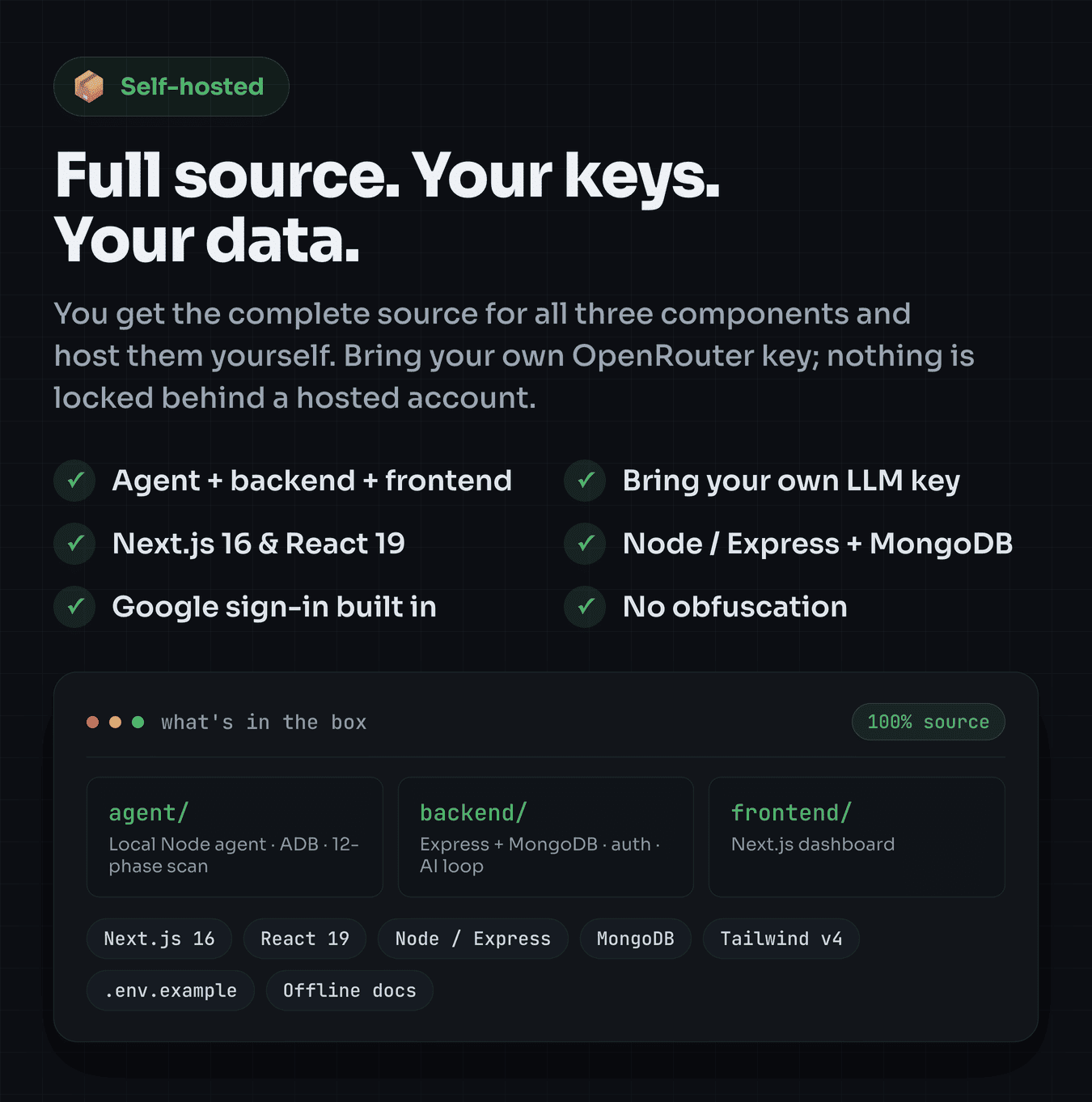 Self-hosted: full source, your keys, your data