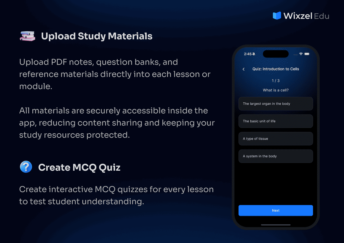 Quiz and Study Material Screens