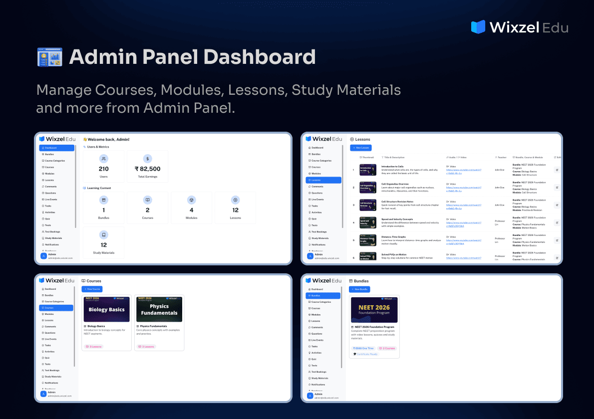 Quiz and Study Material Management Screens
