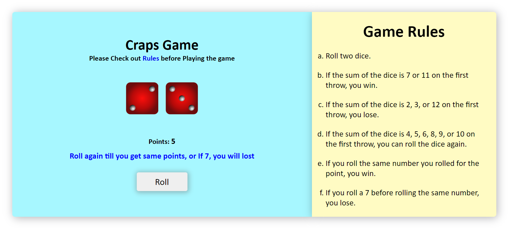 craps game screenshot