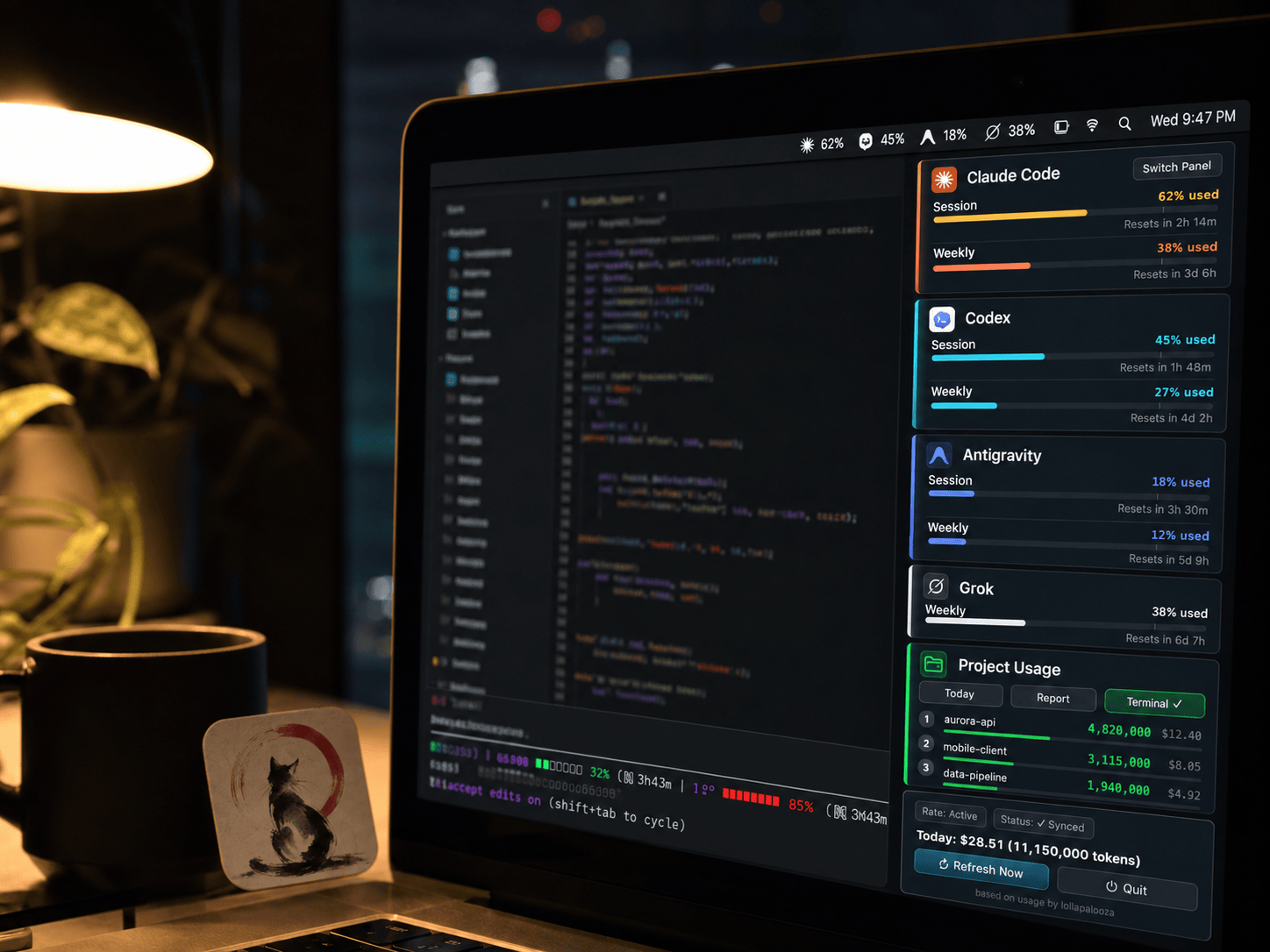 usage — Claude Code, Codex, and Antigravity quota pinned to the macOS menu bar
