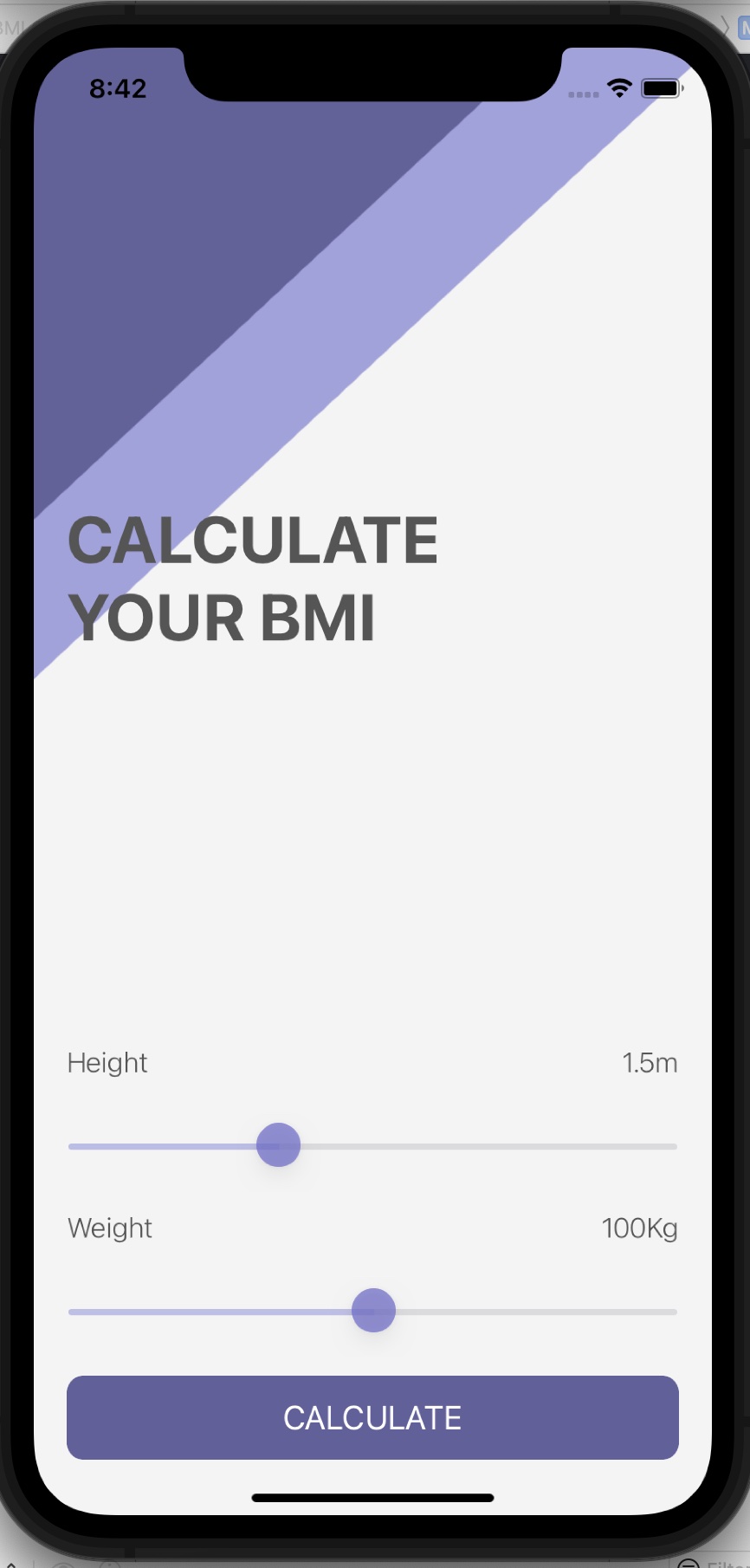 A screenshot of the BMI calculator app's calculate BMI screen with sliders for weight and height