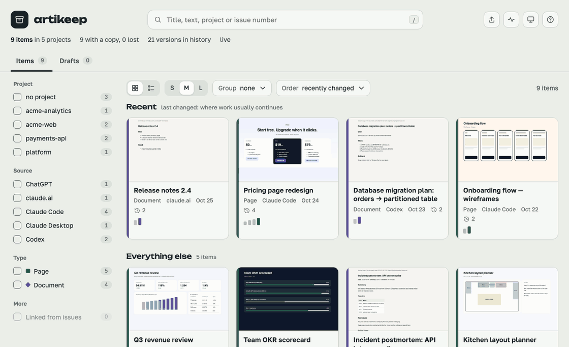 Search the archive, open an item, compare its first and current versions