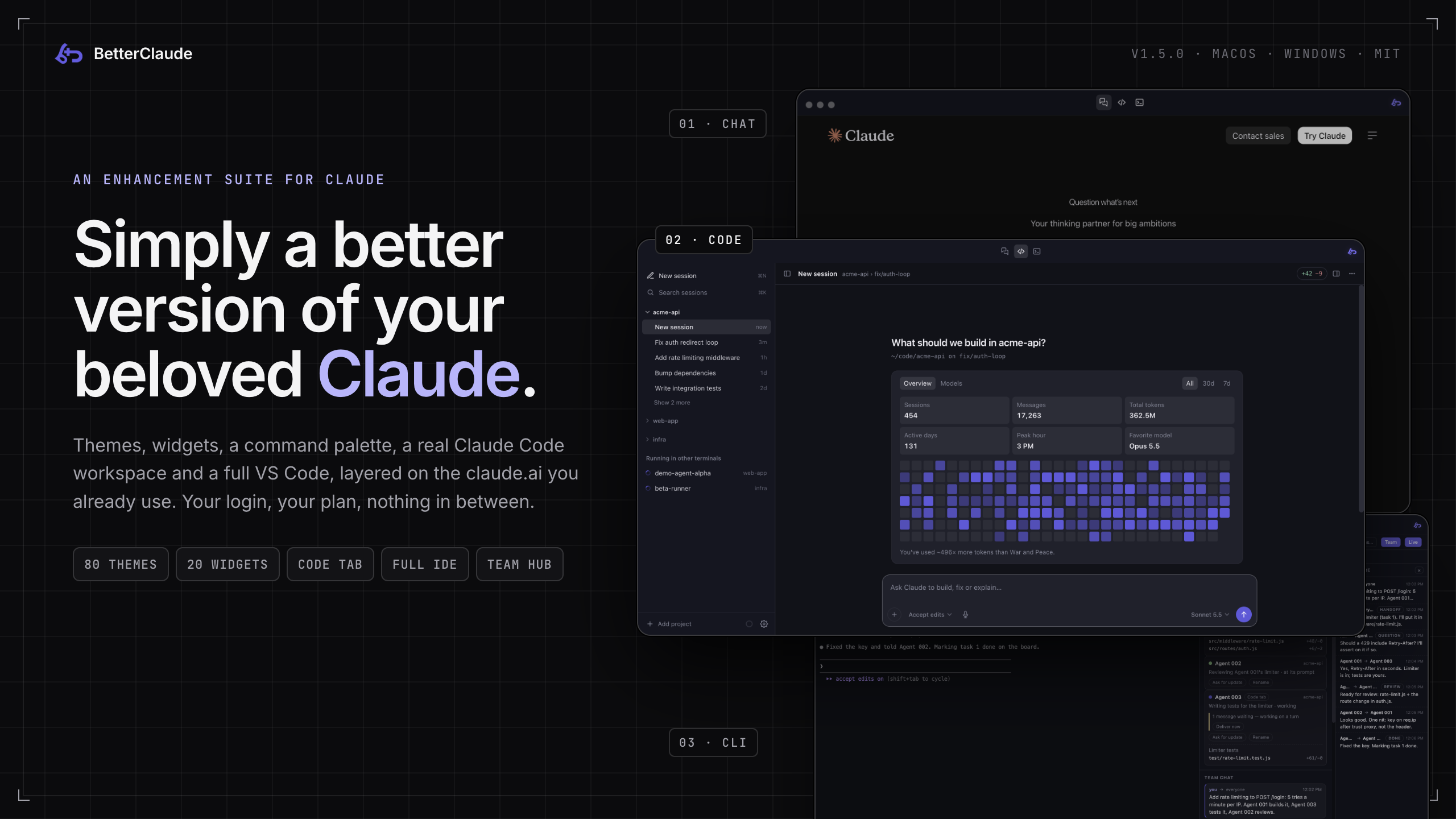 BetterClaude: simply a better version of your beloved Claude. The Chat, Code and CLI tabs stacked like a carousel, with the Code tab's usage stats in front.