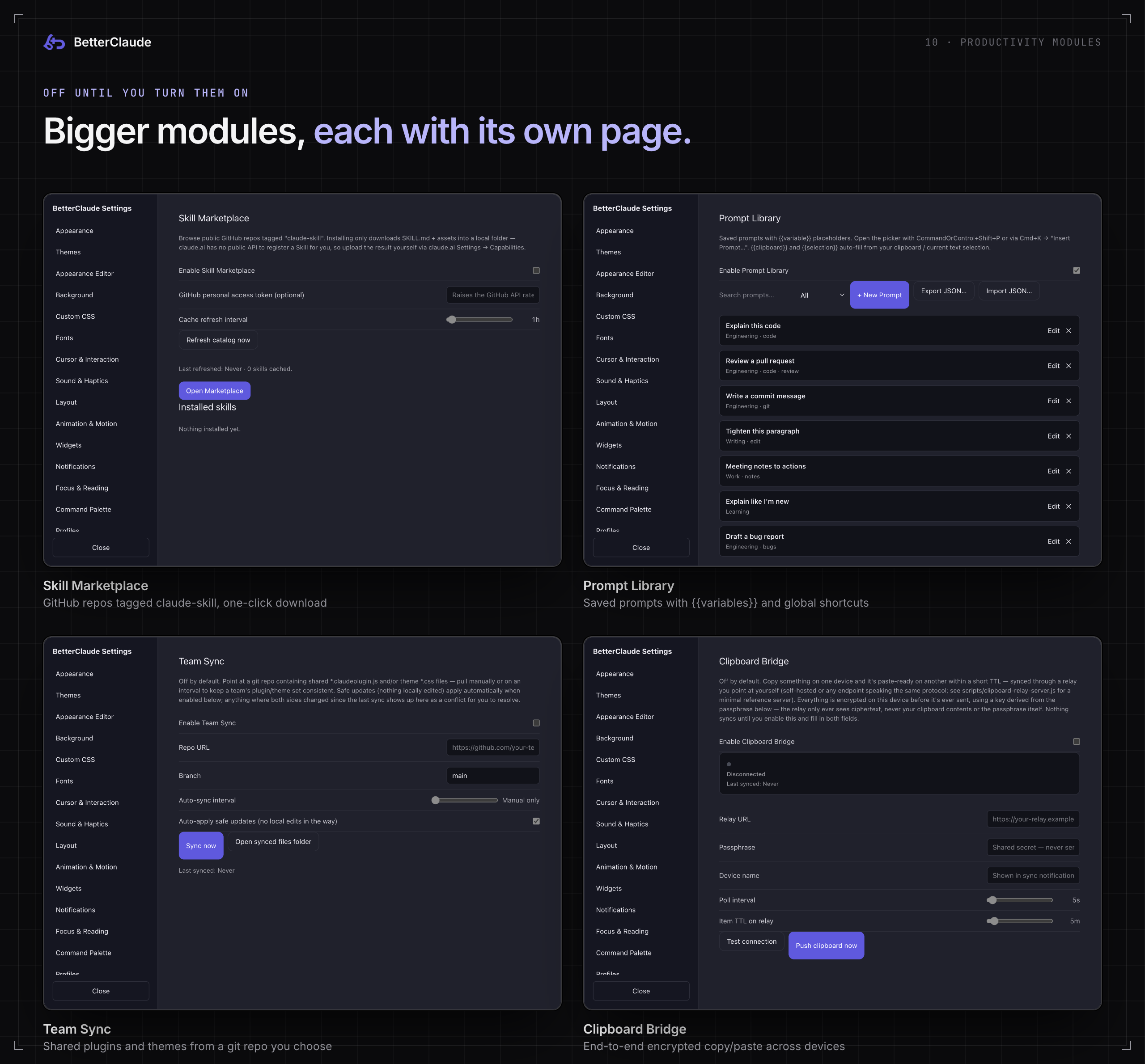 Four settings pages: Skill Marketplace, Prompt Library with saved prompts, Team Sync, and Clipboard Bridge.