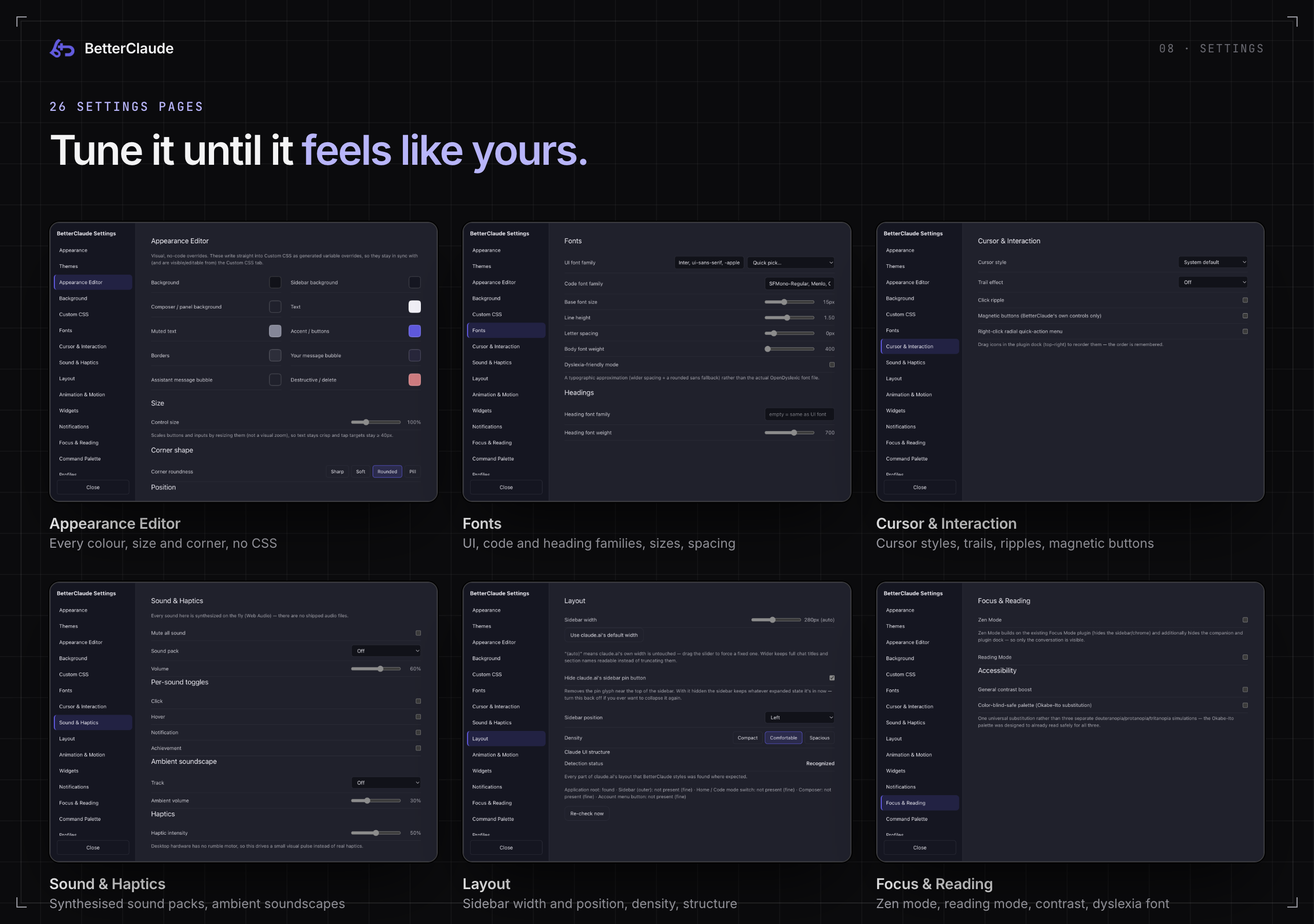 Six settings pages: Appearance Editor, Fonts, Cursor and Interaction, Sound and Haptics, Layout, and Focus and Reading.