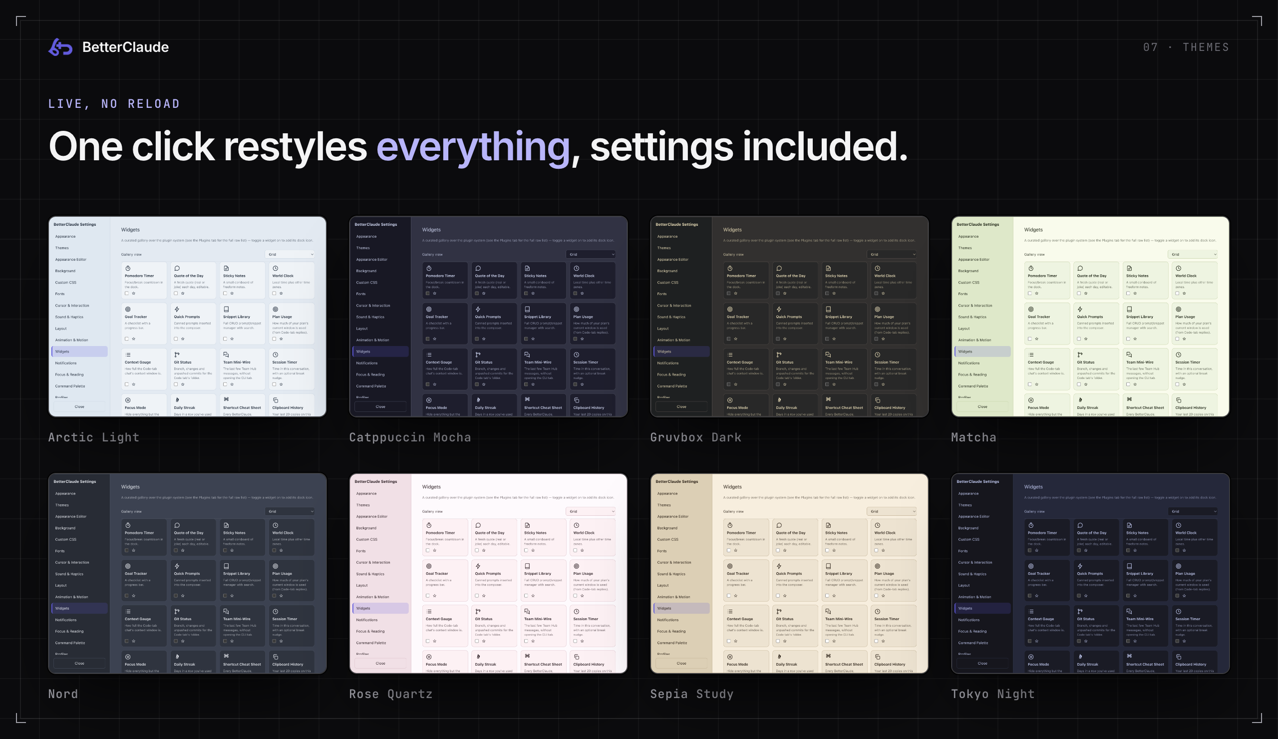 The same Widgets settings page under eight themes: Arctic Light, Catppuccin Mocha, Gruvbox Dark, Matcha, Nord, Rose Quartz, Sepia Study and Tokyo Night.