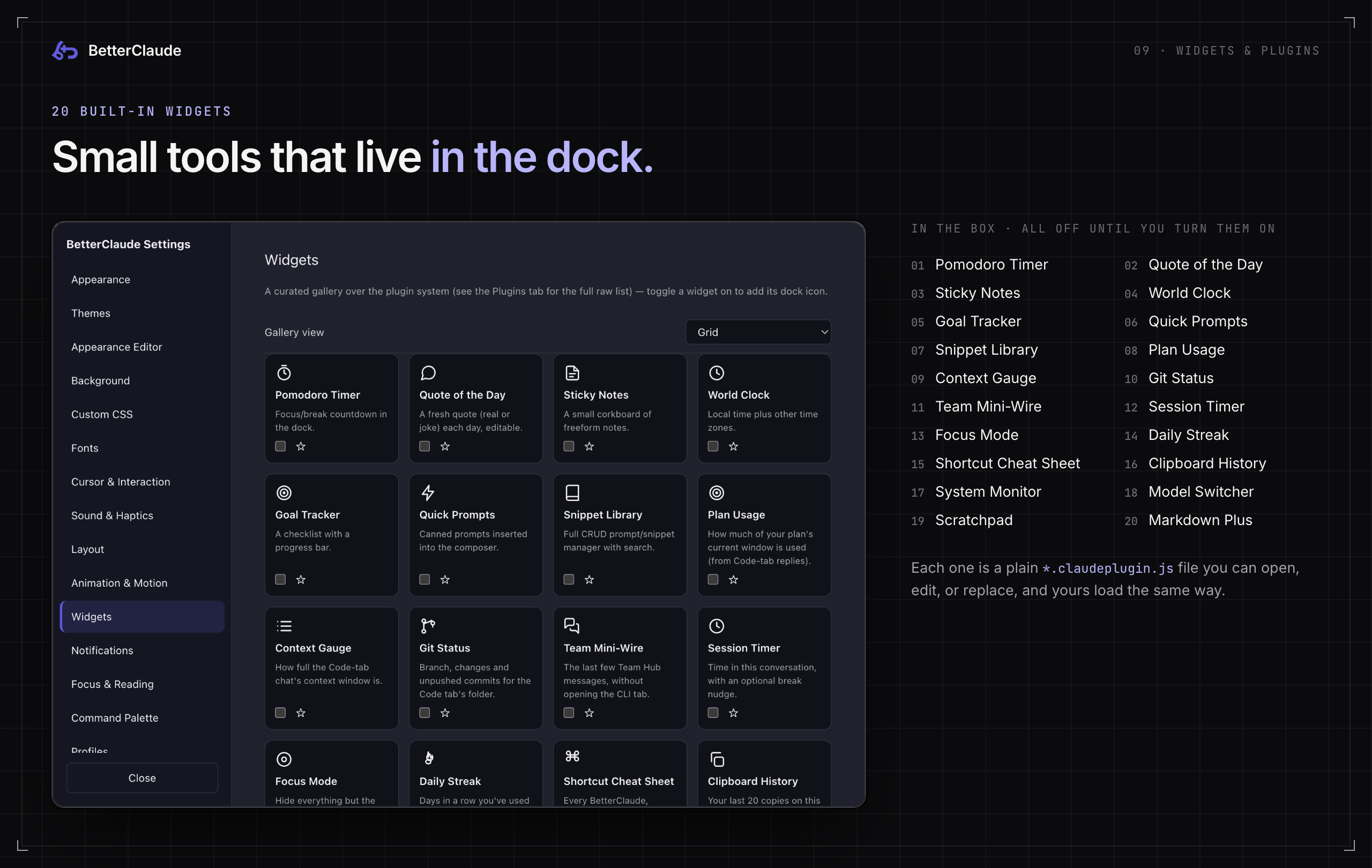 The Widgets settings page showing a grid of widget cards, next to a numbered list of all 20 built-in widgets.