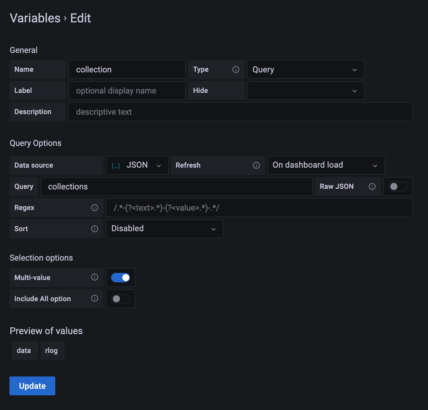 JSON configuration dialog