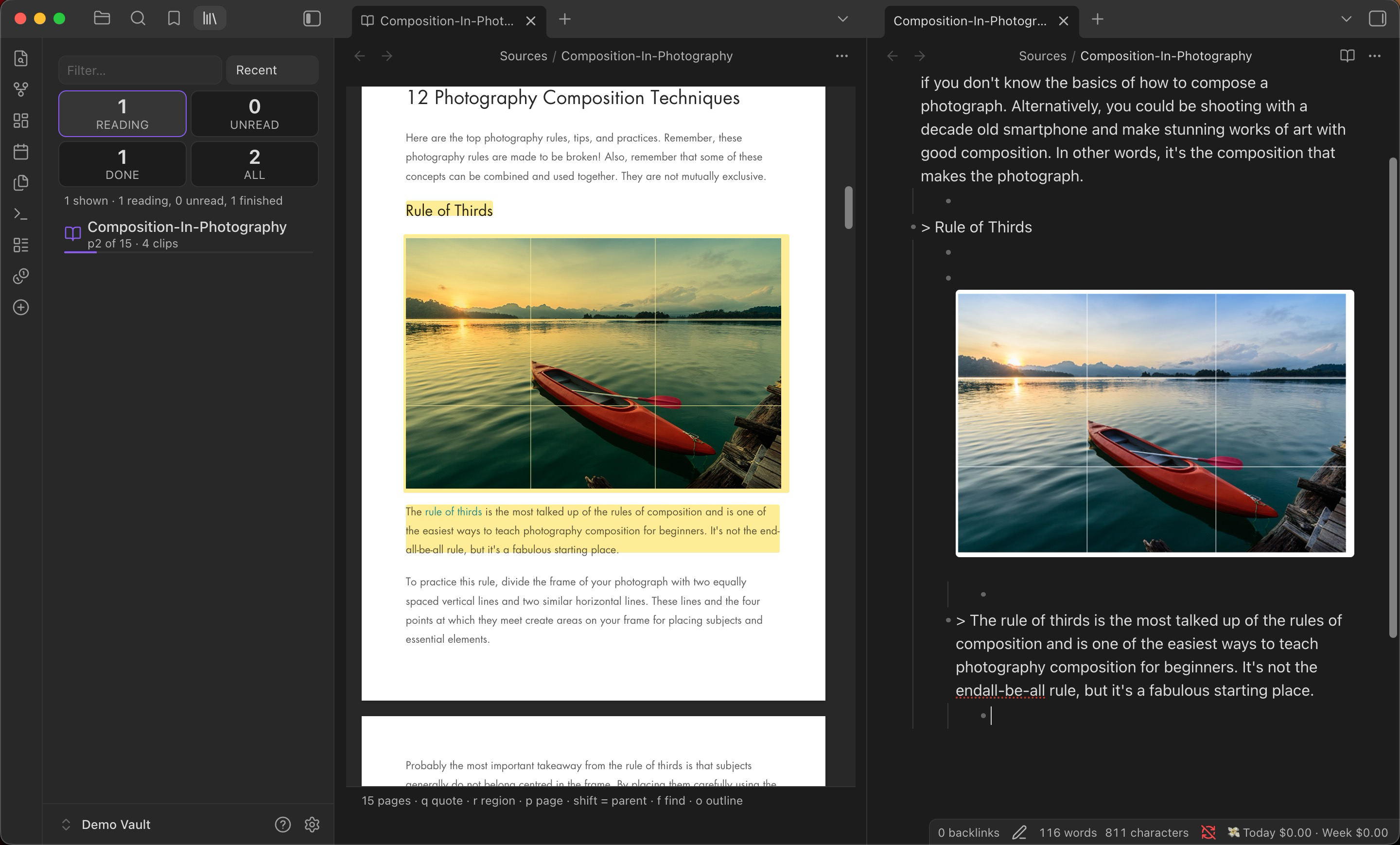 A PDF open in Reader with a highlighted passage on the left and the companion note on the right, showing the quote as a bullet with the reader's own prose nested underneath