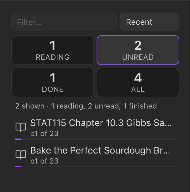 The Reader library in a tab, showing state counts across the top and rows with titles, positions and progress bars
