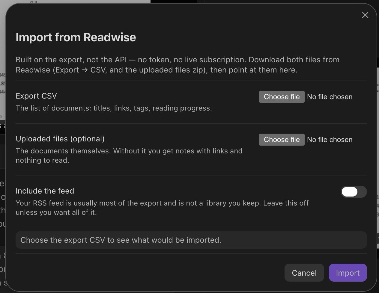 The Readwise import dialog, showing the two file pickers and a plan reading '2099 notes, 3443 skipped' before anything is written