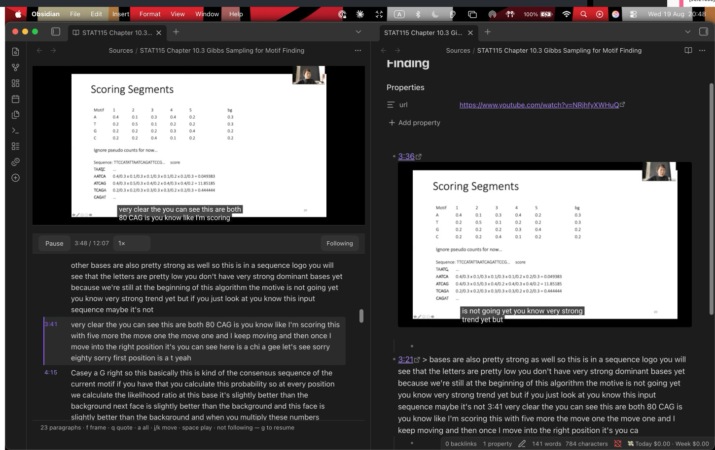 A video open in Reader with the player above and the timestamped transcript below