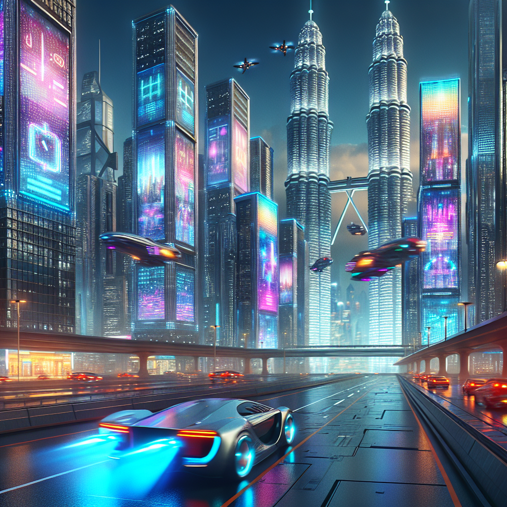 A futuristic cityscape including flying cars and tall skyscrapers with holographic advertisements.