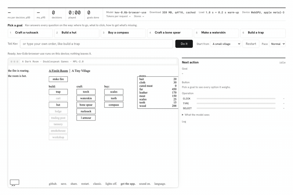 kev-0.6b-browser-use playing A Dark Room in the browser: it builds a hut after gathering wood, then crafts a rucksack after putting three more villagers to work as tanners