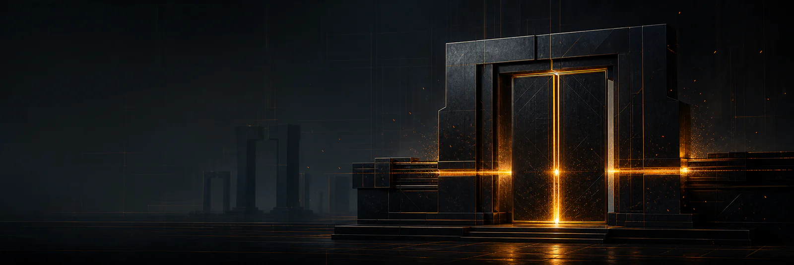 A dark machined gate under controlled amber heat: preview work accumulating evidence before promotion.