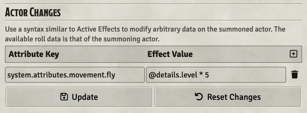 Actor Changes portion of the Summon Configuration window with an change key of `system.attributes.movement.fly` and a value of `@details.level * 5`
