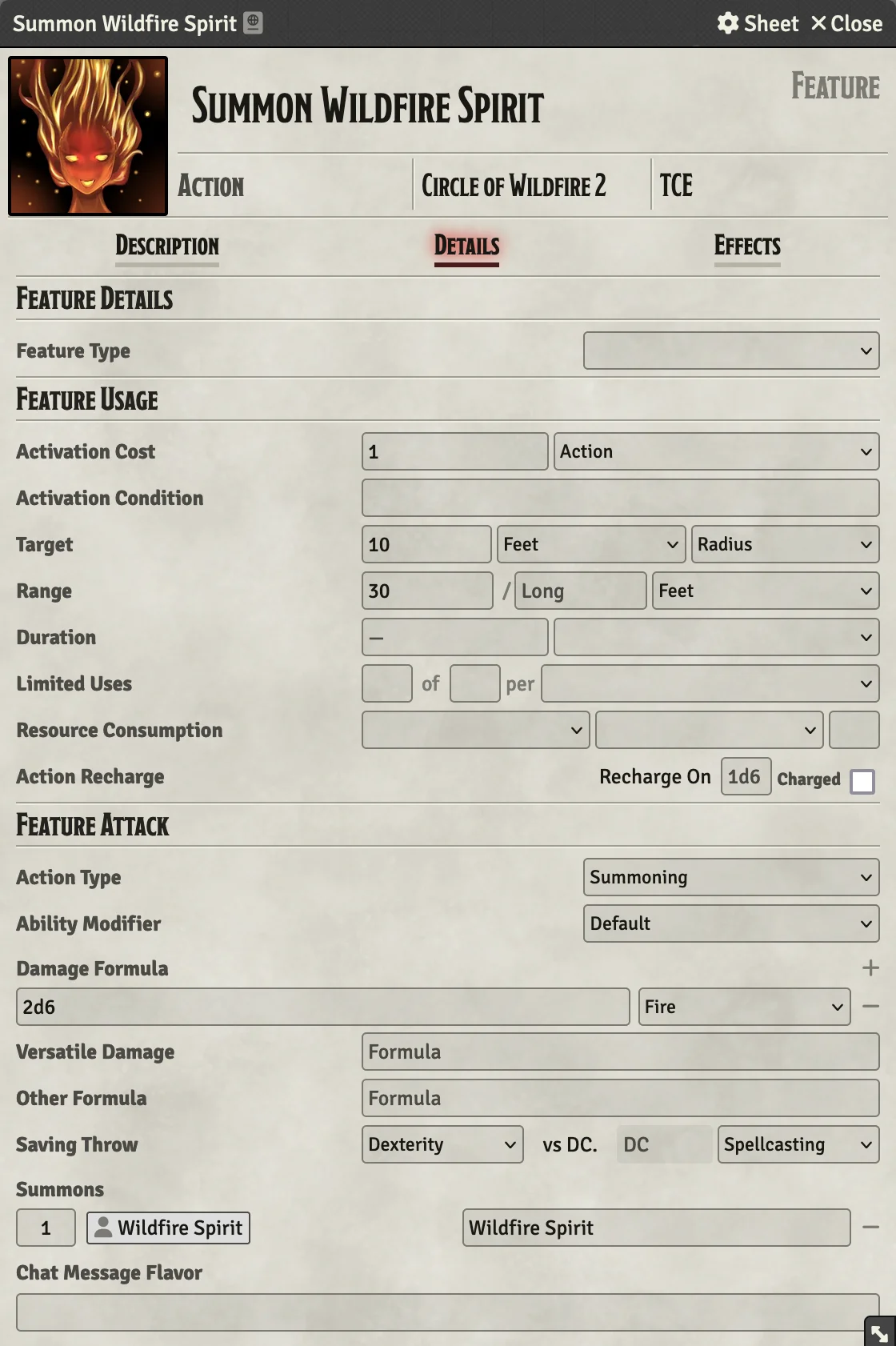 The details page for a feature with the Summoning action type selected and a Wildfire Spirit configured in the summons section