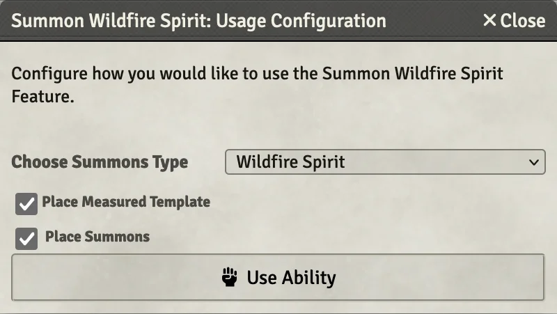 The ability use dialog with a dropdown for selecting type to summon & a Place Summons checkbox