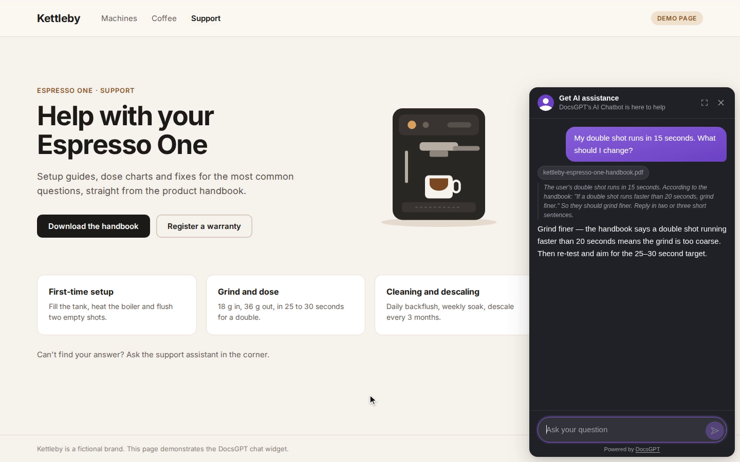 The DocsGPT chat widget on a product support page answering from the handbook