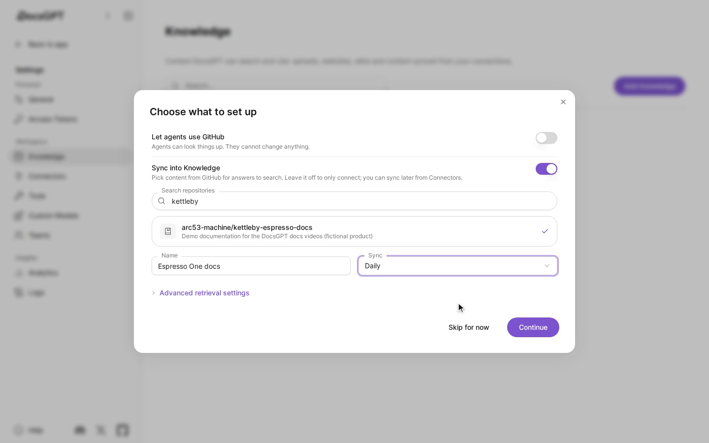 Connecting a GitHub repository to DocsGPT and choosing a daily sync