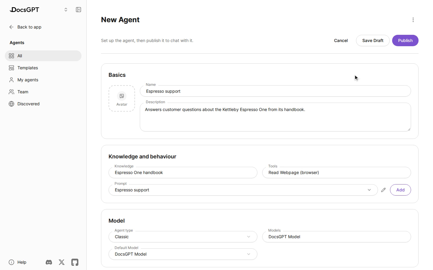 Creating an agent in DocsGPT with its knowledge, tools and prompt