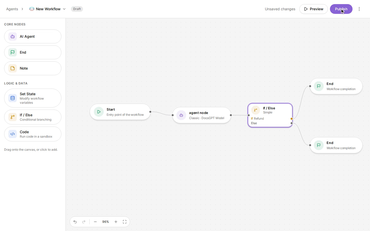 The DocsGPT workflow builder with an AI agent node, a condition and two end nodes
