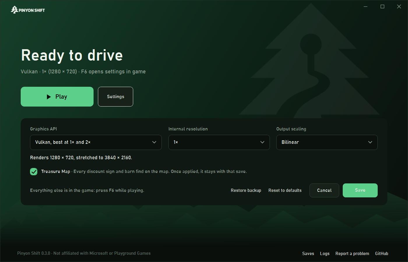 Tela de configurações do launcher oficial do Pinyon Shift