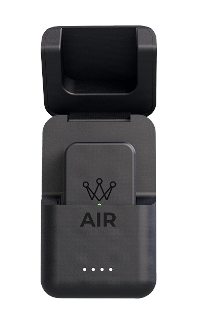 Arccos Air device next to its charging case
