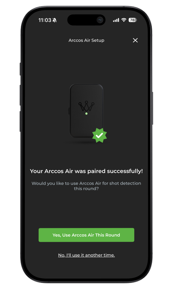 Arccos app screen confirming Arccos Air was paired successfully