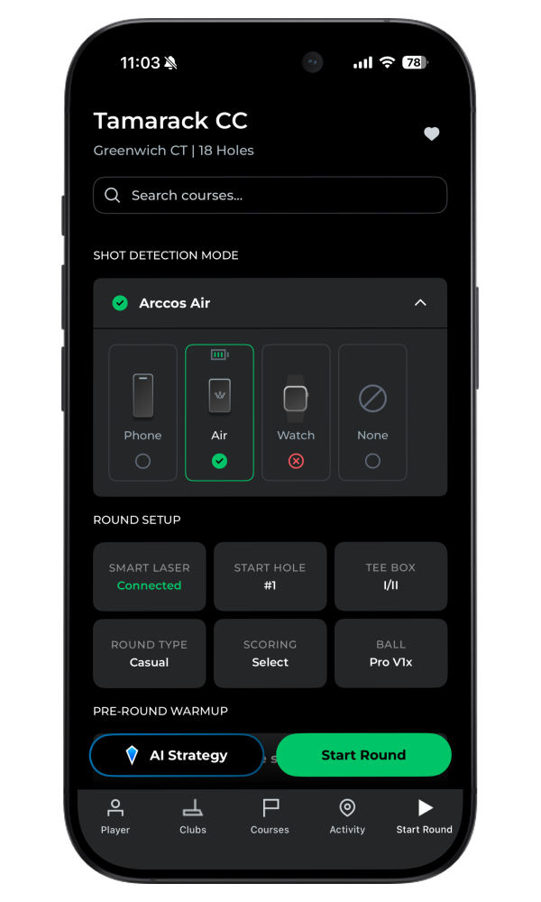 Arccos app Start Round screen with Arccos Air selected as the shot detection mode