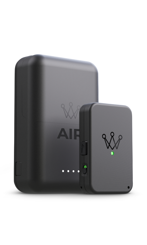 Arccos Air device next to its charging case