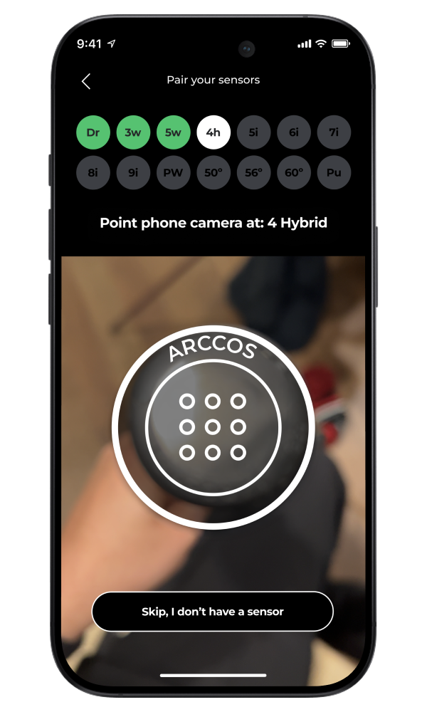 Arccos app camera view pairing a sensor